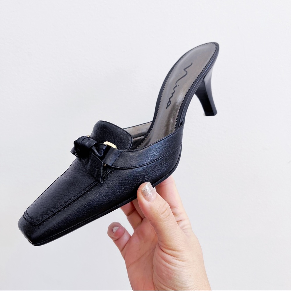 Nina Faux Black Leather Square Toe Mule Heels 8.5